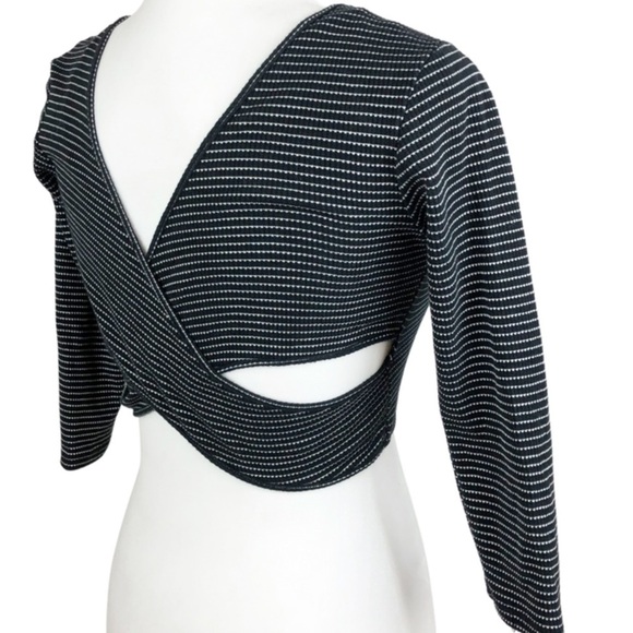 Black White Stripe Cropped Wrap Long Sleeve Womens Cut Out Top - Picture 8 of 16